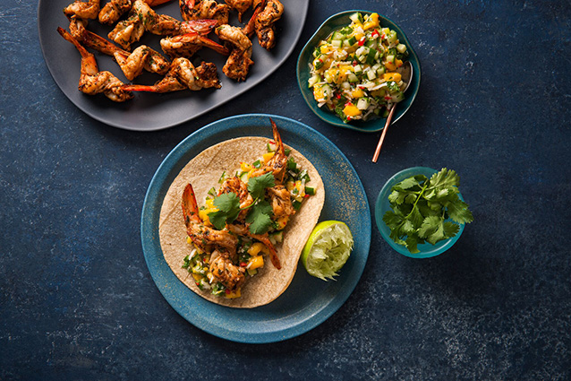 Cajun Prawn Tacos with Mango & Coconut Salsa frrom The fresh Fish Place