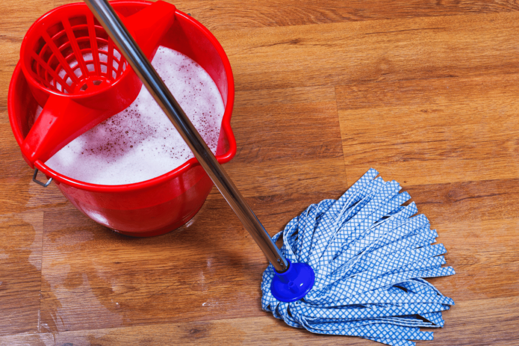 Blue mop and red bucket on wet floor