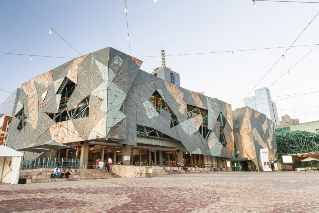 Federation Square with tourists in Melbourne, Australia