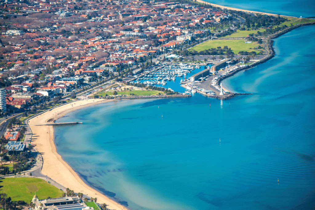 Helicopter aerial view of St Kilda coastline, beautiful town near Melbourne, Australia