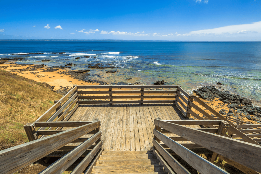 Lookout from the wooden walkway in Flynns Beach, Phillip Island, Victoria, Australia.