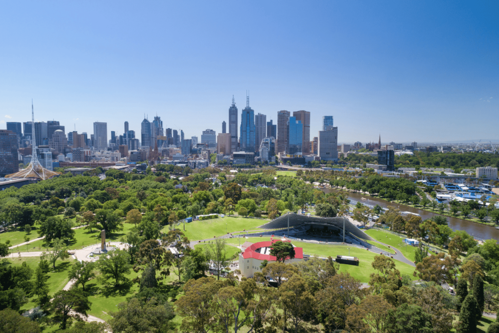 Aerial of the Royal Botanic Gardens, Melbourne Skyline, Australia. 