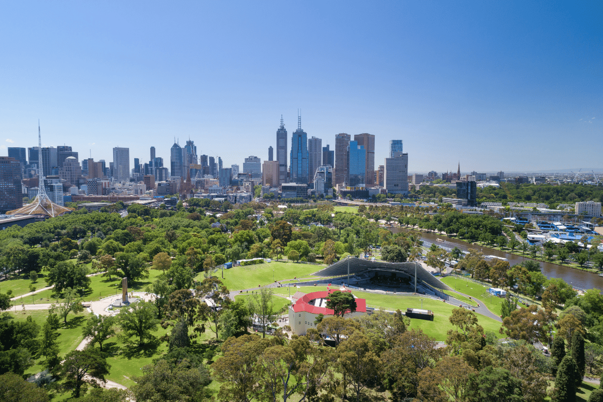 Aerial of the Royal Botanic Gardens, Melbourne Skyline, Australia.