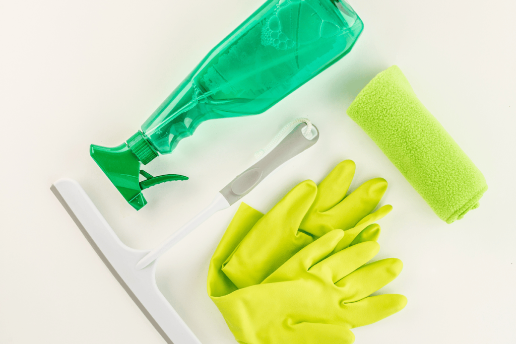 Washing up gloves, rag, spray bottle, cleaning kit, green colors, windows
