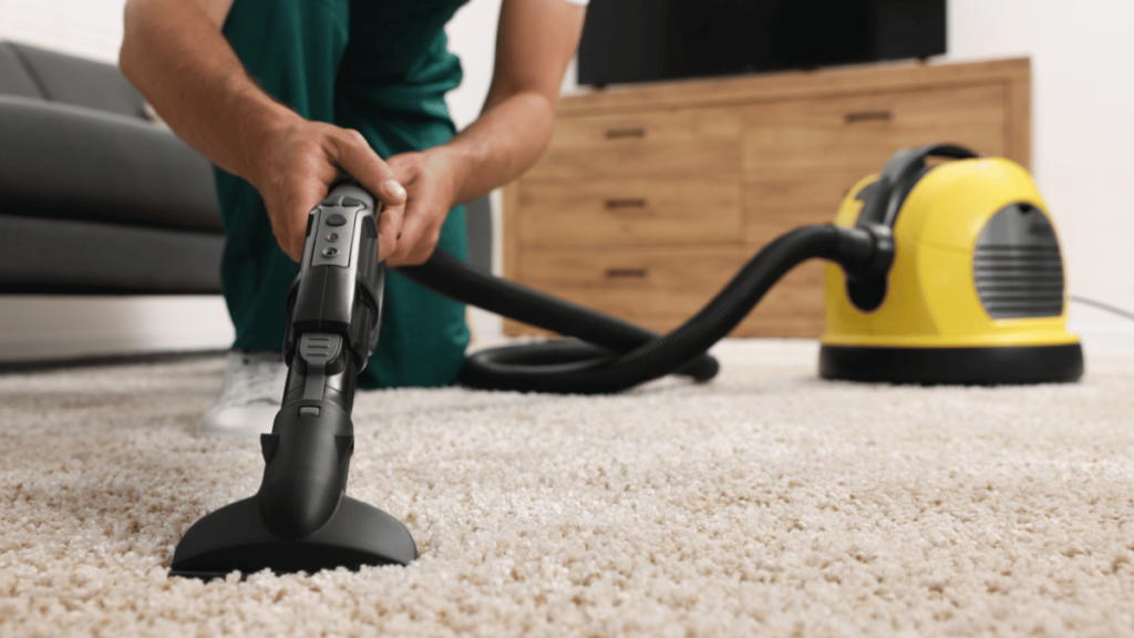Dry cleaner's employee hoovering carpet with vacuum cleaner indoors, closeup. Space for text