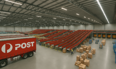 Interior of a modern Australia Post parcel-sorting facility featuring red conveyor systems, a semi-trailer truck, and neatly stacked parcels on pallets.