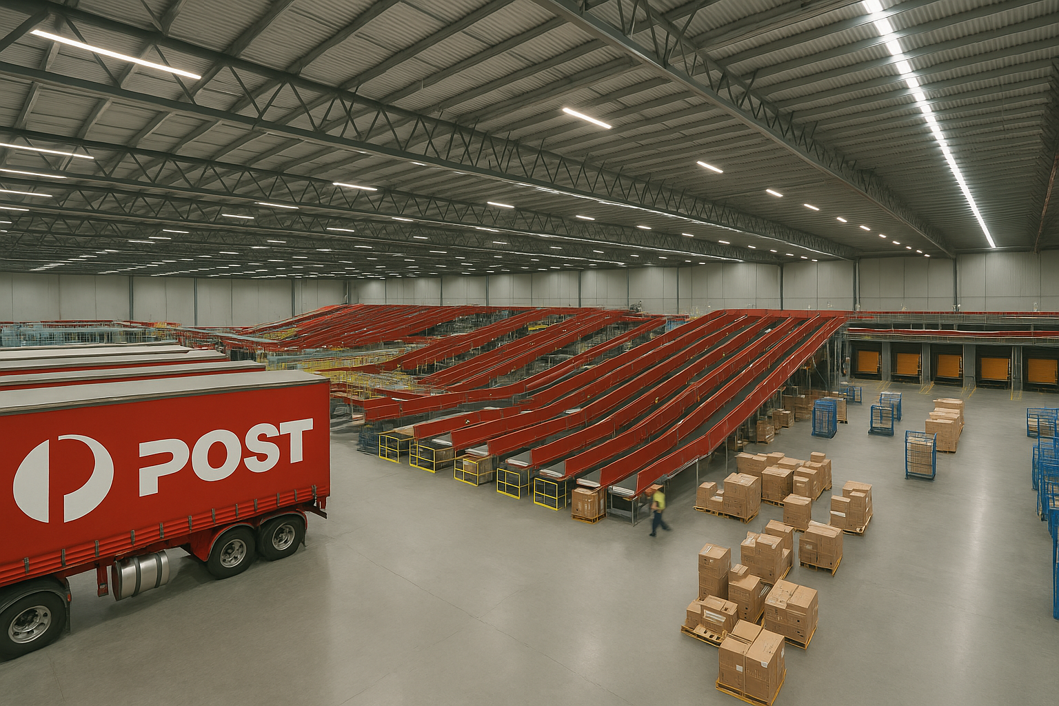 Interior of a modern Australia Post parcel-sorting facility featuring red conveyor systems, a semi-trailer truck, and neatly stacked parcels on pallets.