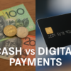 Illustration of digital payment icons contrasted with physical cash, highlighting the cash vs digital payments debate in Australia.