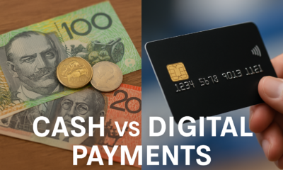 Illustration of digital payment icons contrasted with physical cash, highlighting the cash vs digital payments debate in Australia.