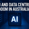Glowing AI icon in a futuristic data centre, representing Australia's surge in AI infrastructure investments.