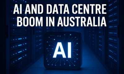 Glowing AI icon in a futuristic data centre, representing Australia's surge in AI infrastructure investments.