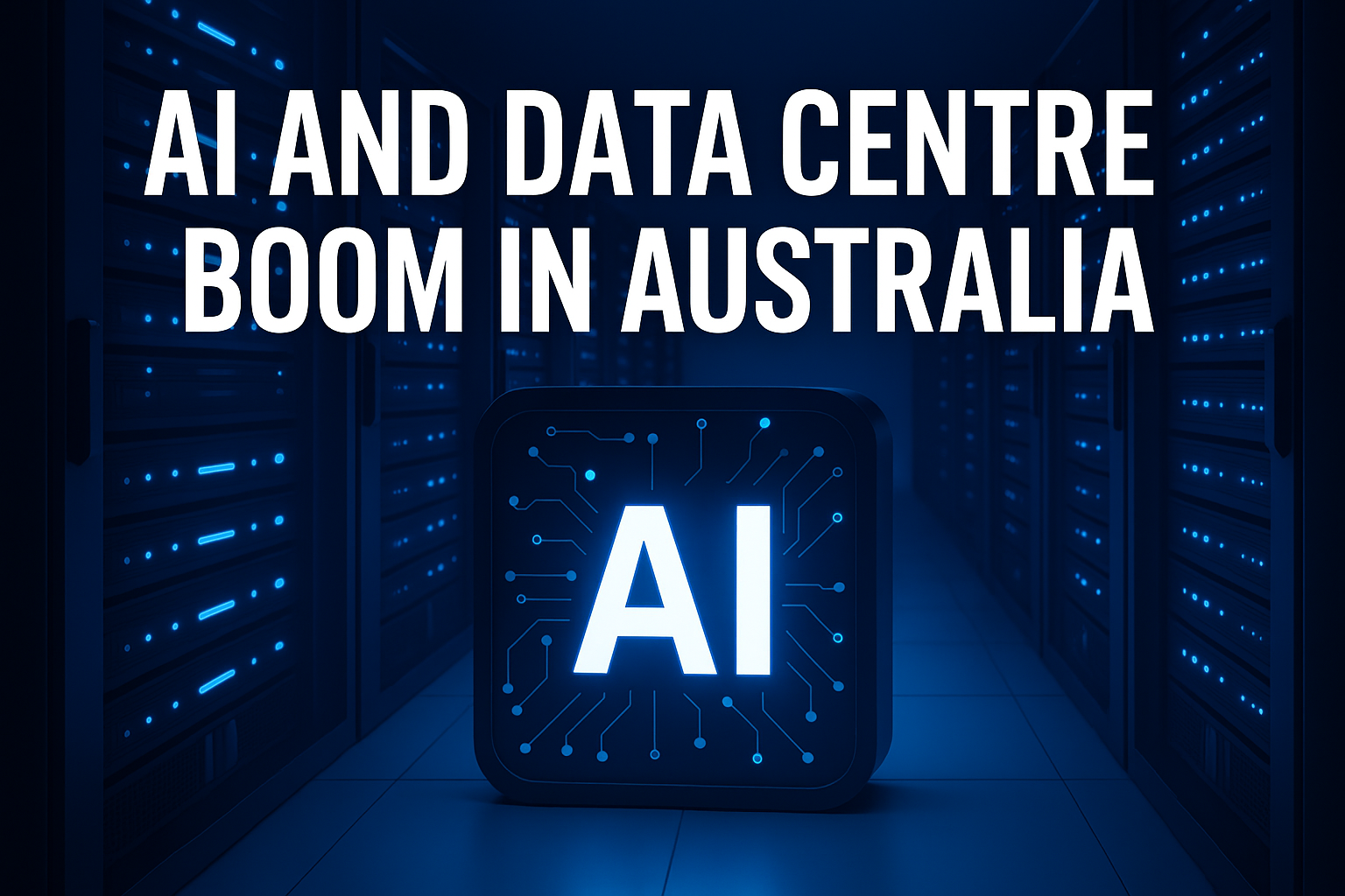Glowing AI icon in a futuristic data centre, representing Australia's surge in AI infrastructure investments.