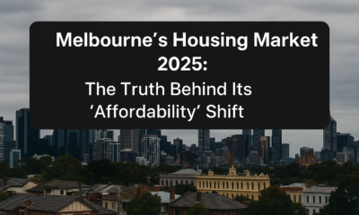 A panoramic view of Melbourne’s skyline in 2025 showing modern skyscrapers and historic rooftops under an overcast sky, representing the city’s changing housing market and affordability trends.