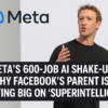 Mark Zuckerberg speaks on stage in a black t-shirt beside the Meta logo, illustrating Meta’s announcement of 600 AI job cuts and its renewed focus on developing “superintelligence.”