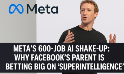 Mark Zuckerberg speaks on stage in a black t-shirt beside the Meta logo, illustrating Meta’s announcement of 600 AI job cuts and its renewed focus on developing “superintelligence.”