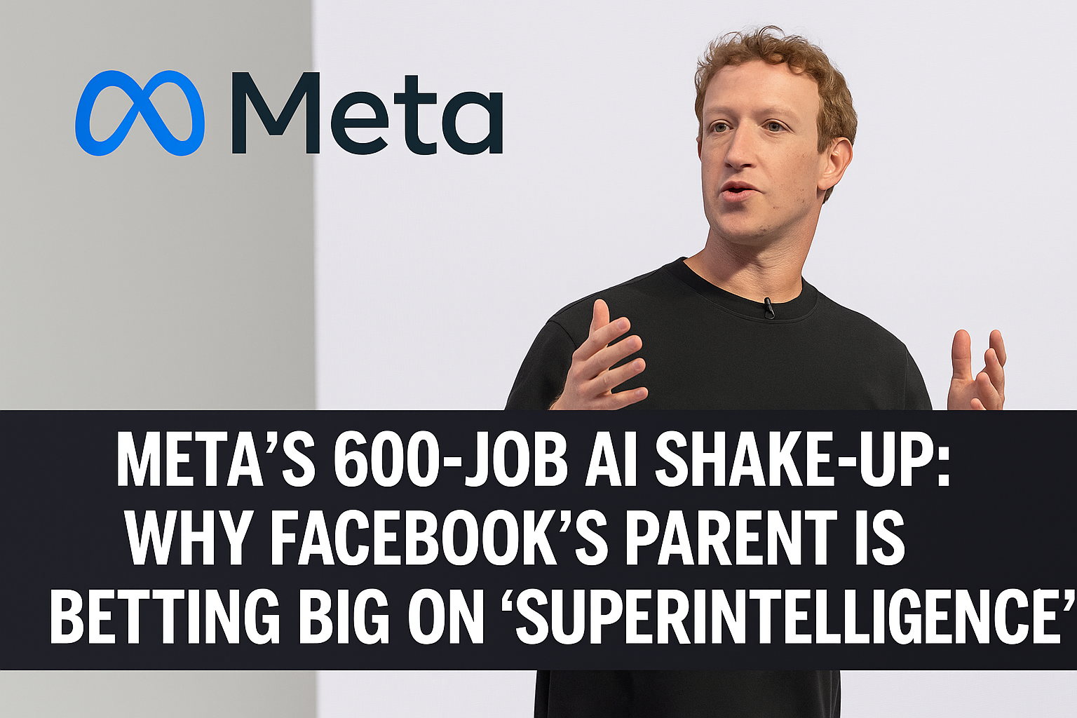Mark Zuckerberg speaks on stage in a black t-shirt beside the Meta logo, illustrating Meta’s announcement of 600 AI job cuts and its renewed focus on developing “superintelligence.”