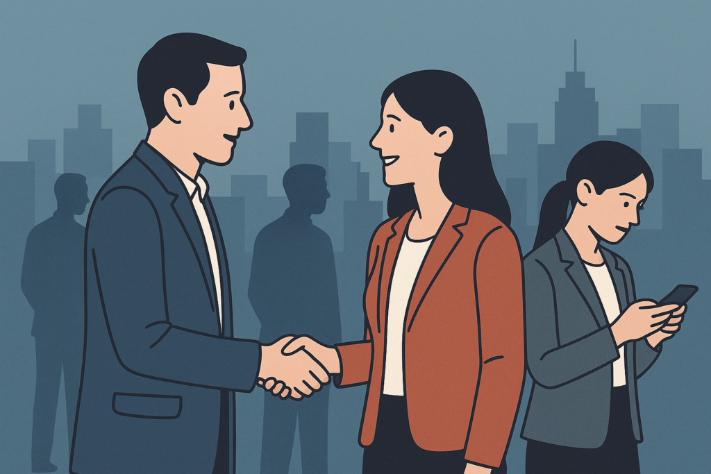Illustration of a man and woman shaking hands in a professional setting while another woman looks at her phone; background silhouettes and a city skyline suggest a networking event, symbolizing how informal business interactions can create unseen vulnerabilities.