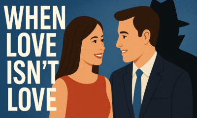 Illustration of a couple talking in the foreground with a shadowy figure in a trench coat and hat lurking behind them, symbolizing hidden espionage. Text on the left reads: 'WHEN LOVE ISN’T LOVE.' Set against a deep blue background, the image conveys the theme of romantic deception used in modern spy tactics.