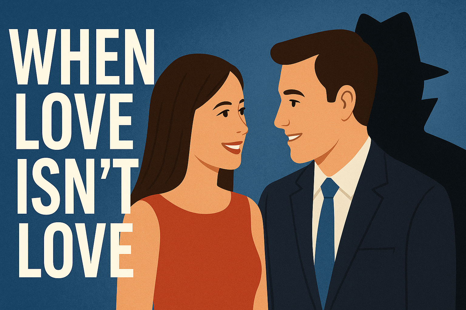 Illustration of a couple talking in the foreground with a shadowy figure in a trench coat and hat lurking behind them, symbolizing hidden espionage. Text on the left reads: 'WHEN LOVE ISN’T LOVE.' Set against a deep blue background, the image conveys the theme of romantic deception used in modern spy tactics.