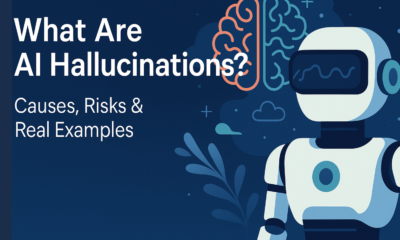 A digital illustration banner featuring the title "What Are AI Hallucinations? Causes, Risks & Real Examples" on the left, with a stylized brain graphic and a humanoid robot on the right, set against a dark blue background with abstract tech and space-themed elements.