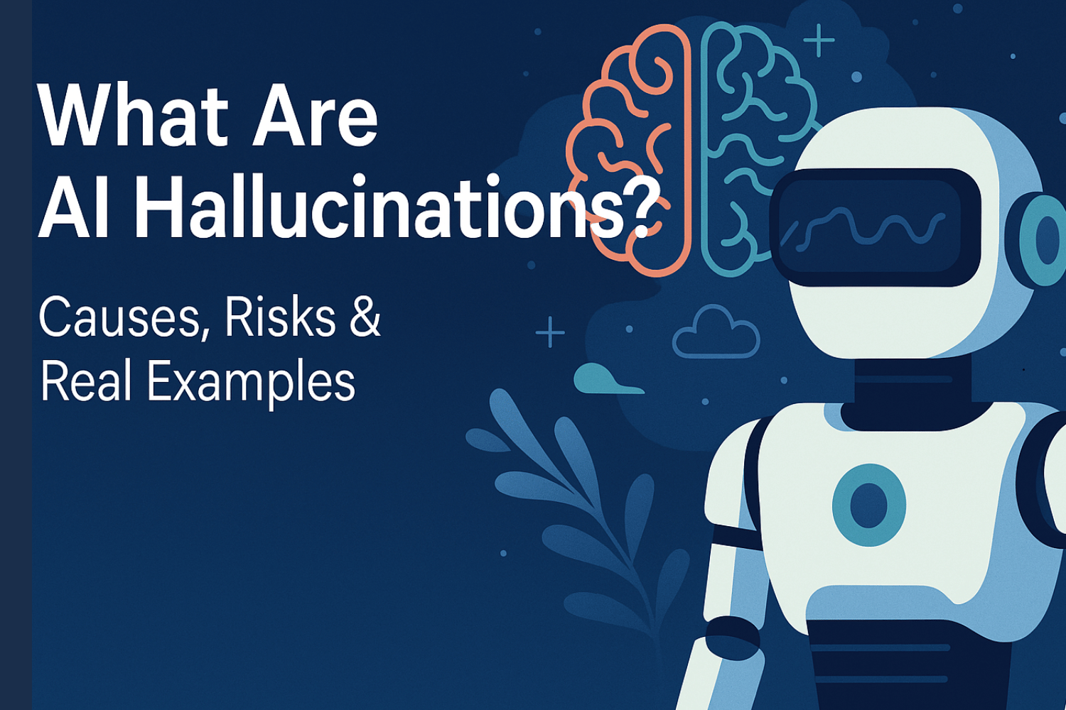 A digital illustration banner featuring the title "What Are AI Hallucinations? Causes, Risks & Real Examples" on the left, with a stylized brain graphic and a humanoid robot on the right, set against a dark blue background with abstract tech and space-themed elements.