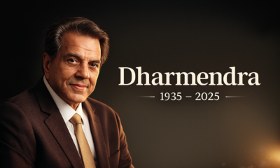 “Memorial tribute image of Bollywood actor Dharmendra, featuring a dignified portrait of him in a suit with his name and years of life (1935–2025) displayed on a dark gradient background.