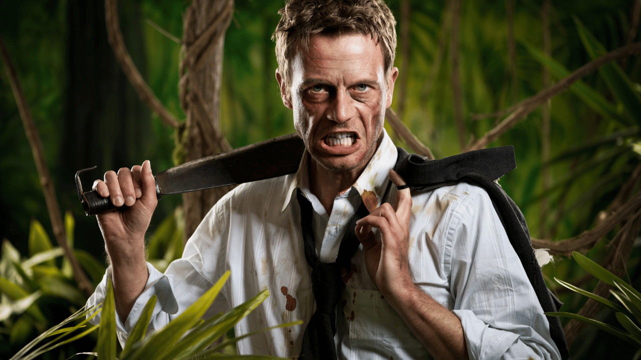 Determined man in business attire holding a machete in the jungle, symbolising Victoria’s tough response to rising violence under the machete ban.