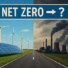 Split image showing renewable energy on one side and a coal power station on the other, with a road leading toward a sign reading ‘Net Zero → ?’ symbolising Australia’s uncertain climate policy direction
