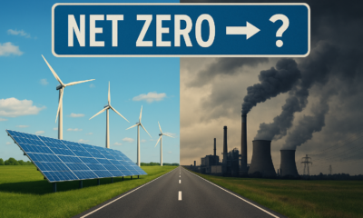 Split image showing renewable energy on one side and a coal power station on the other, with a road leading toward a sign reading ‘Net Zero → ?’ symbolising Australia’s uncertain climate policy direction