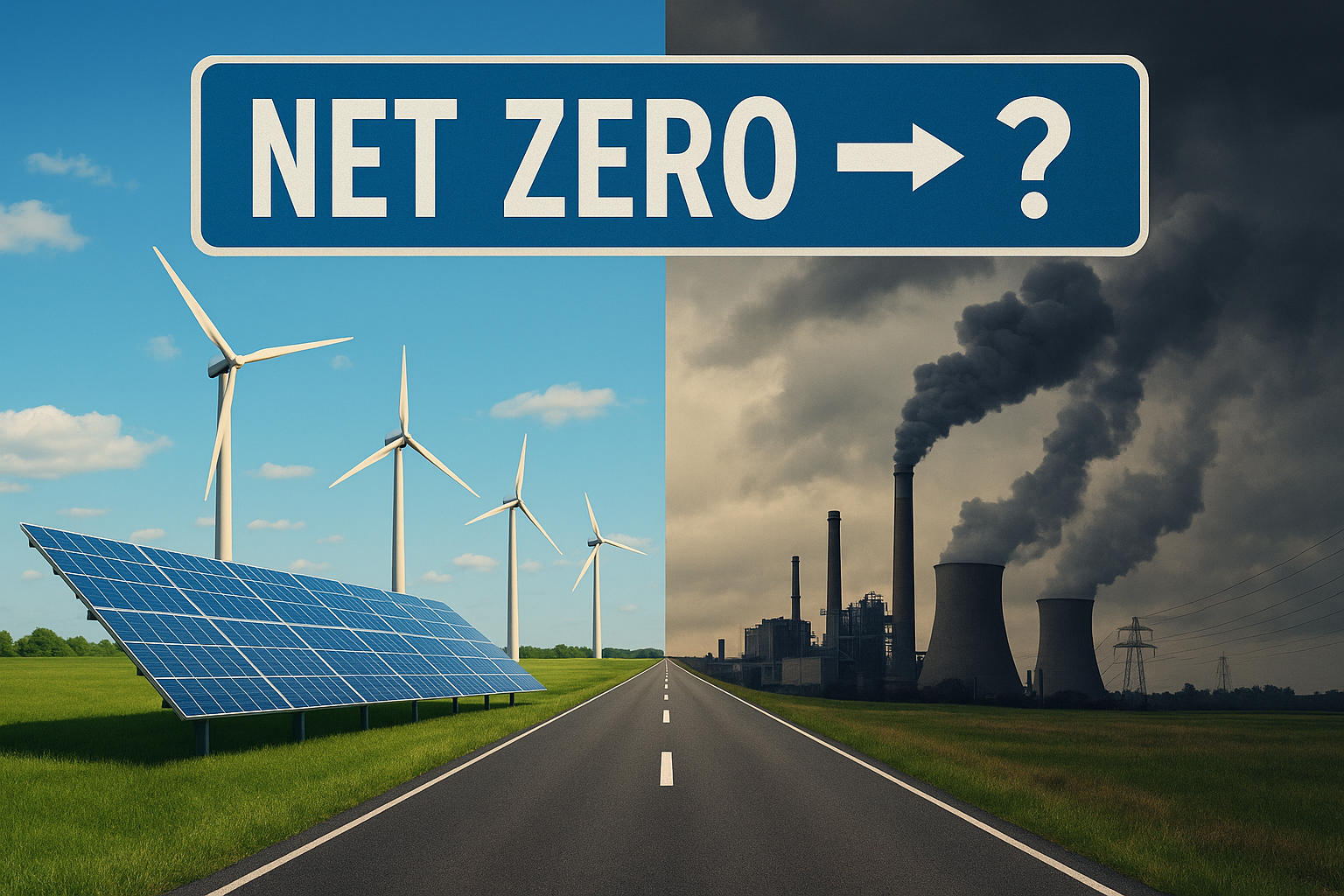 Split image showing renewable energy on one side and a coal power station on the other, with a road leading toward a sign reading ‘Net Zero → ?’ symbolising Australia’s uncertain climate policy direction