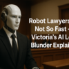 Humanoid robot in black suit standing in a courtroom beside a judge, symbolizing AI’s role in legal practice in Victoria.