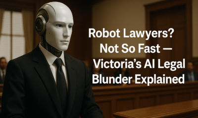 Humanoid robot in black suit standing in a courtroom beside a judge, symbolizing AI’s role in legal practice in Victoria.
