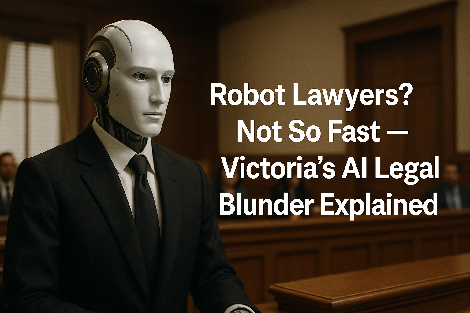 Humanoid robot in black suit standing in a courtroom beside a judge, symbolizing AI’s role in legal practice in Victoria.