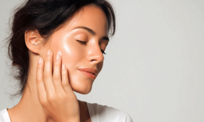 Woman applying facial moisturiser as part of a glowing skin routine