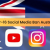 Australian flag blended with TikTok, YouTube, Instagram, and Reddit logos with text reading “Under-16 Social Media Ban Australia.”