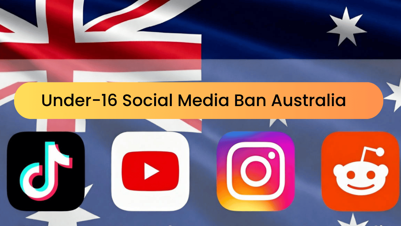 Australian flag blended with TikTok, YouTube, Instagram, and Reddit logos with text reading “Under-16 Social Media Ban Australia.”