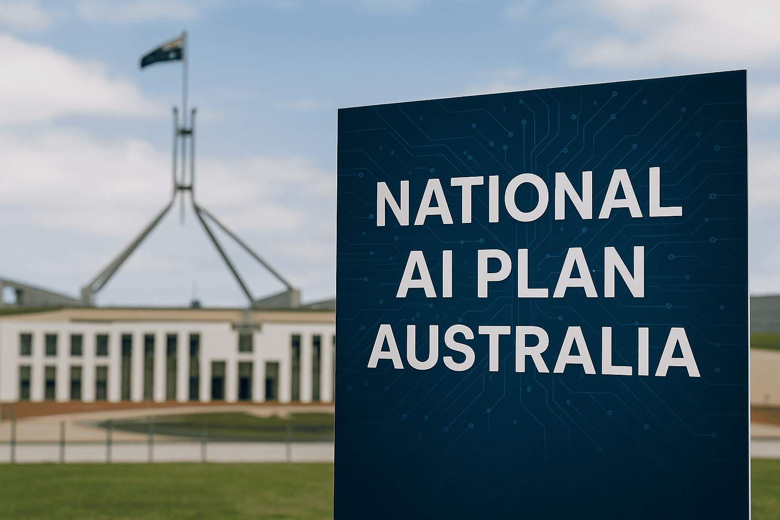 National AI Plan Australia sign in front of Parliament House, representing Australia’s new AI strategy.
