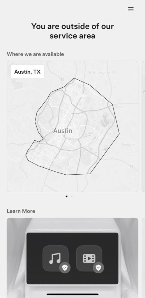 Tesla Robotaxi app view showing outside-service-area message, with Austin and Bay Area as the active service zones.