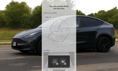 “Banner image showing a Tesla vehicle on the road with the Tesla Robotaxi app overlay displaying an ‘outside of service area’ message and Austin, Texas as an active zone, illustrating that the Robotaxi app is available in Australia but the service is not yet active.