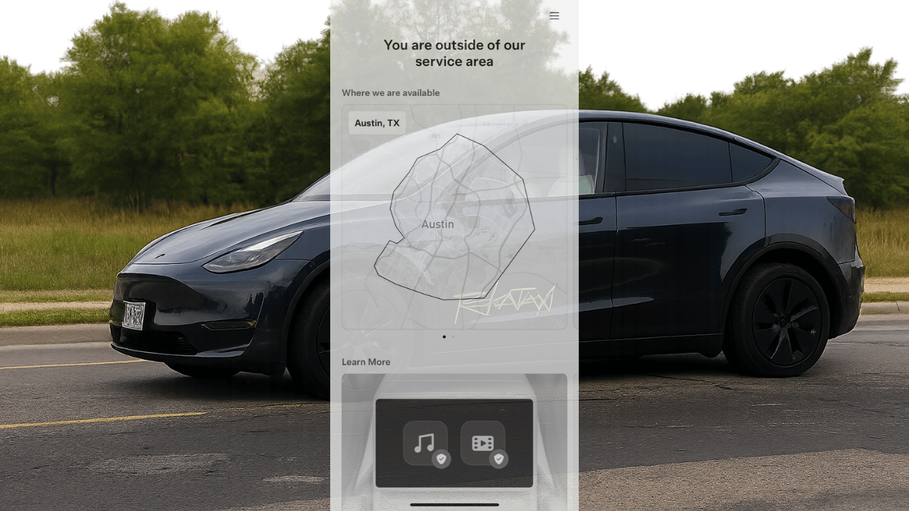 “Banner image showing a Tesla vehicle on the road with the Tesla Robotaxi app overlay displaying an ‘outside of service area’ message and Austin, Texas as an active zone, illustrating that the Robotaxi app is available in Australia but the service is not yet active.