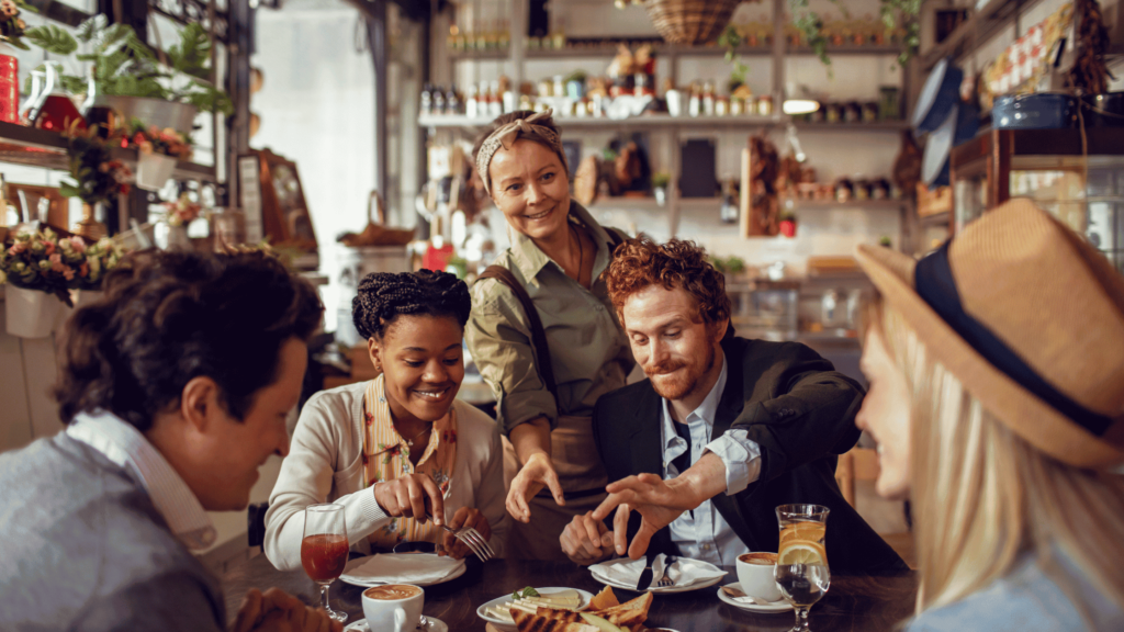 Group of customers enjoying brunch at a restaurant in Australia