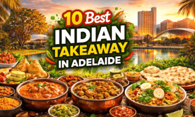 Best Indian takeaway in Adelaide banner with Indian food dishes and Adelaide skyline.