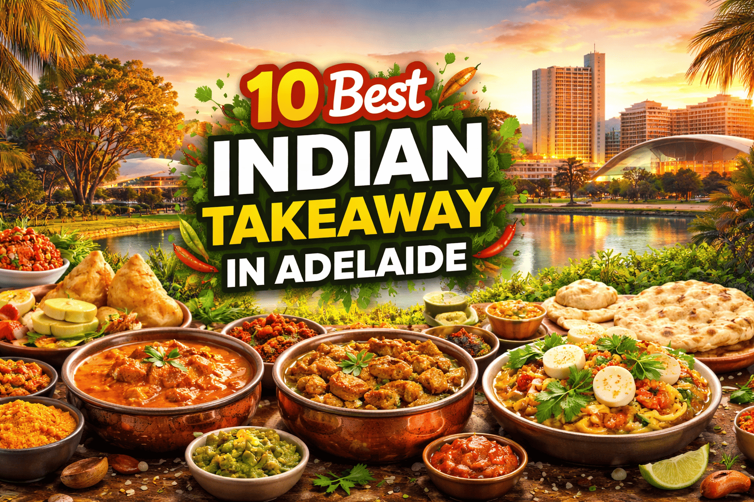 Best Indian takeaway in Adelaide banner with Indian food dishes and Adelaide skyline.