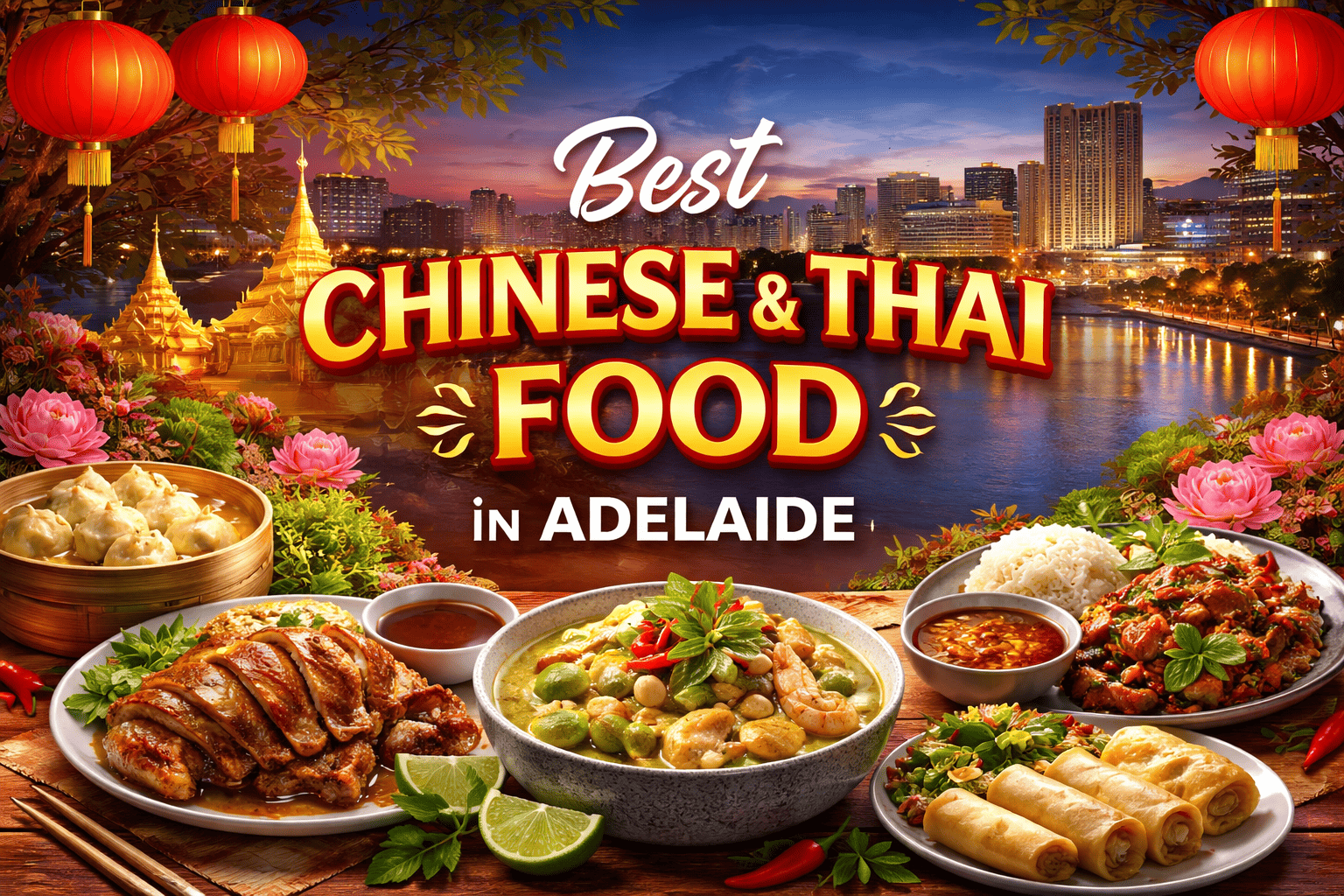 Banner for best Chinese and Thai takeaway restaurants in Adelaide featuring Adelaide skyline and popular Chinese and Thai dishes