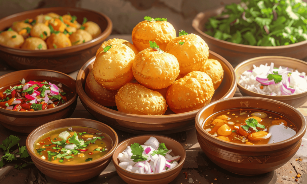 Indian street food pani puri with chutneys and spices – popular Indian dishes