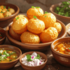 Indian street food pani puri with chutneys and spices – popular Indian dishes