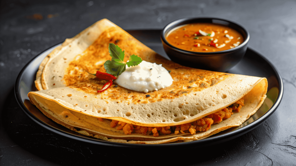 Masala dosa with potato filling served with chutney and sambar