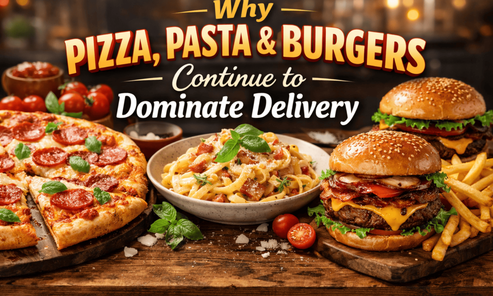 Pizza, pasta and burgers banner image for article about why these foods dominate delivery