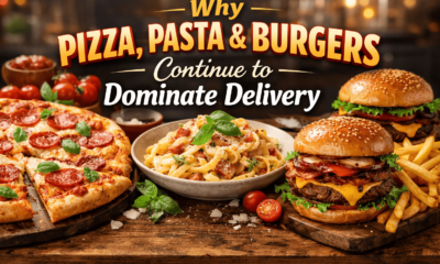 Pizza, pasta and burgers banner image for article about why these foods dominate delivery