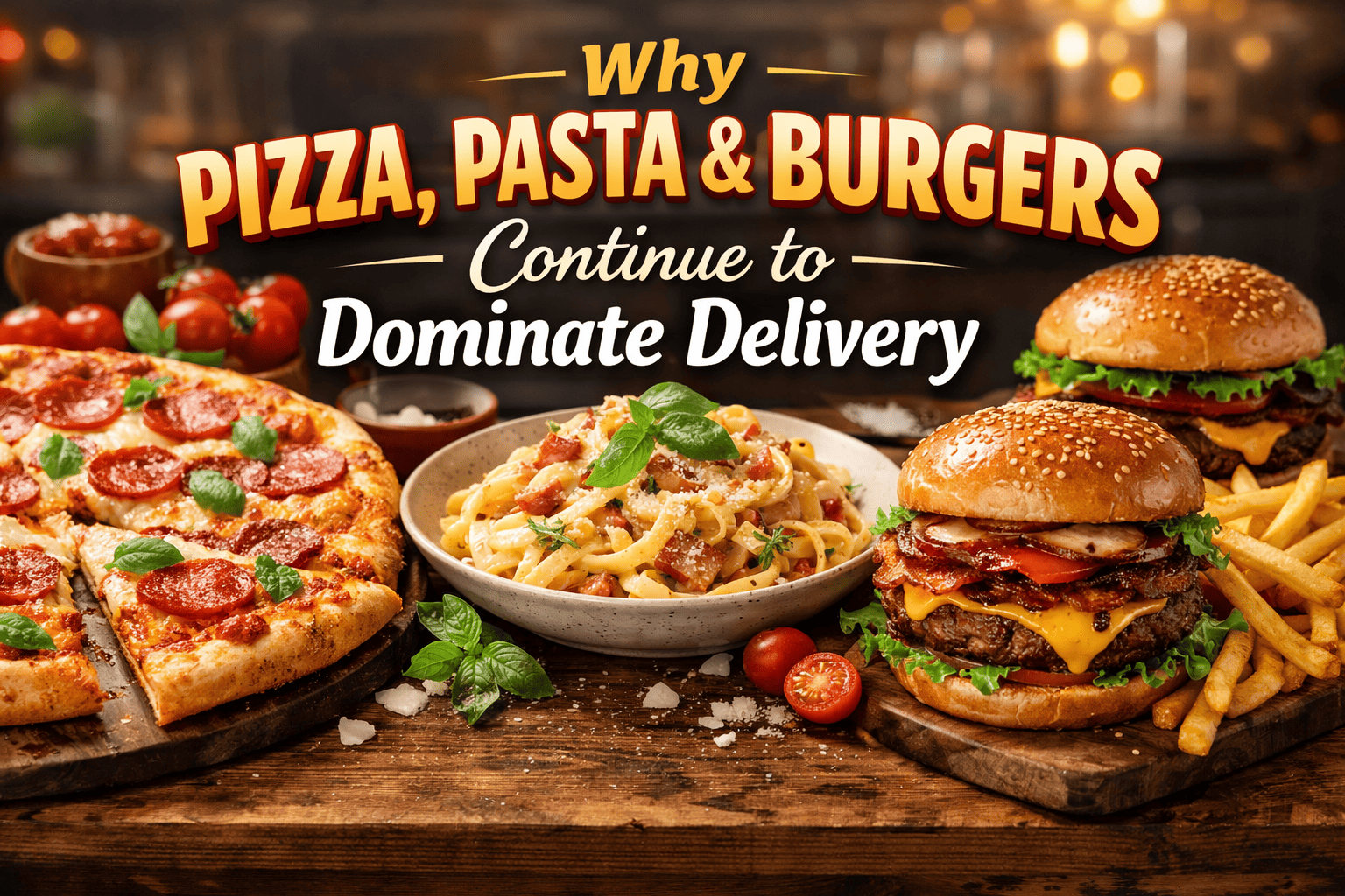 Pizza, pasta and burgers banner image for article about why these foods dominate delivery